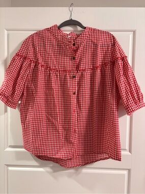 Red Gingham Button-Front Babydoll Top